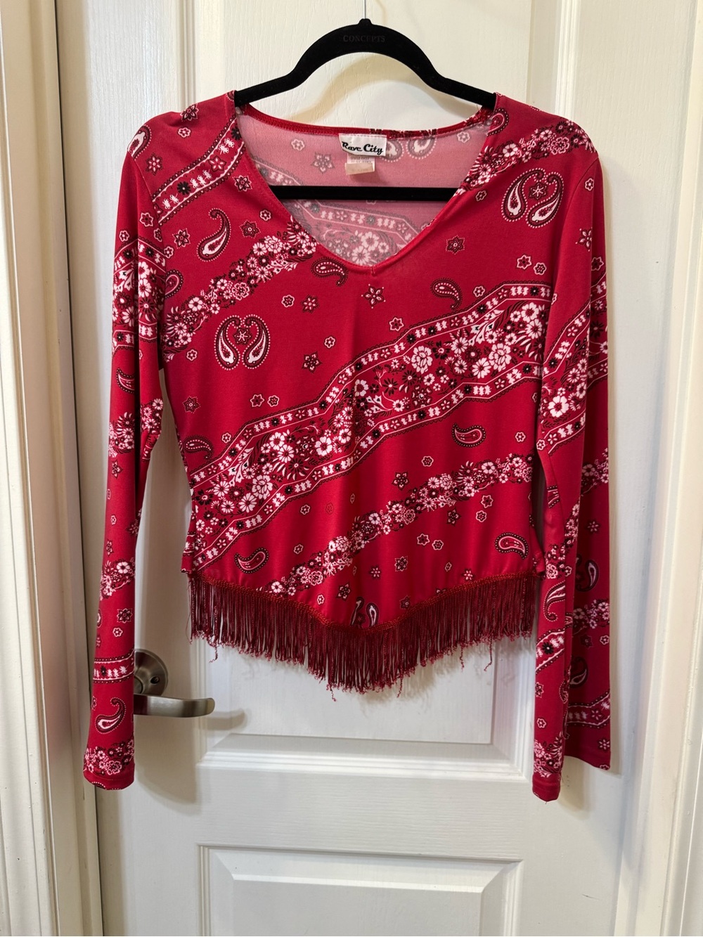 Y2K Rave City red long sleeve top. Bandana Paisley print with fringed hemlines